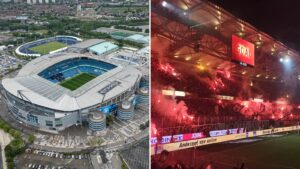 Etihad Stadium της Μάντσεστερ Σίτι και κερκίδα της ΑΕΚ